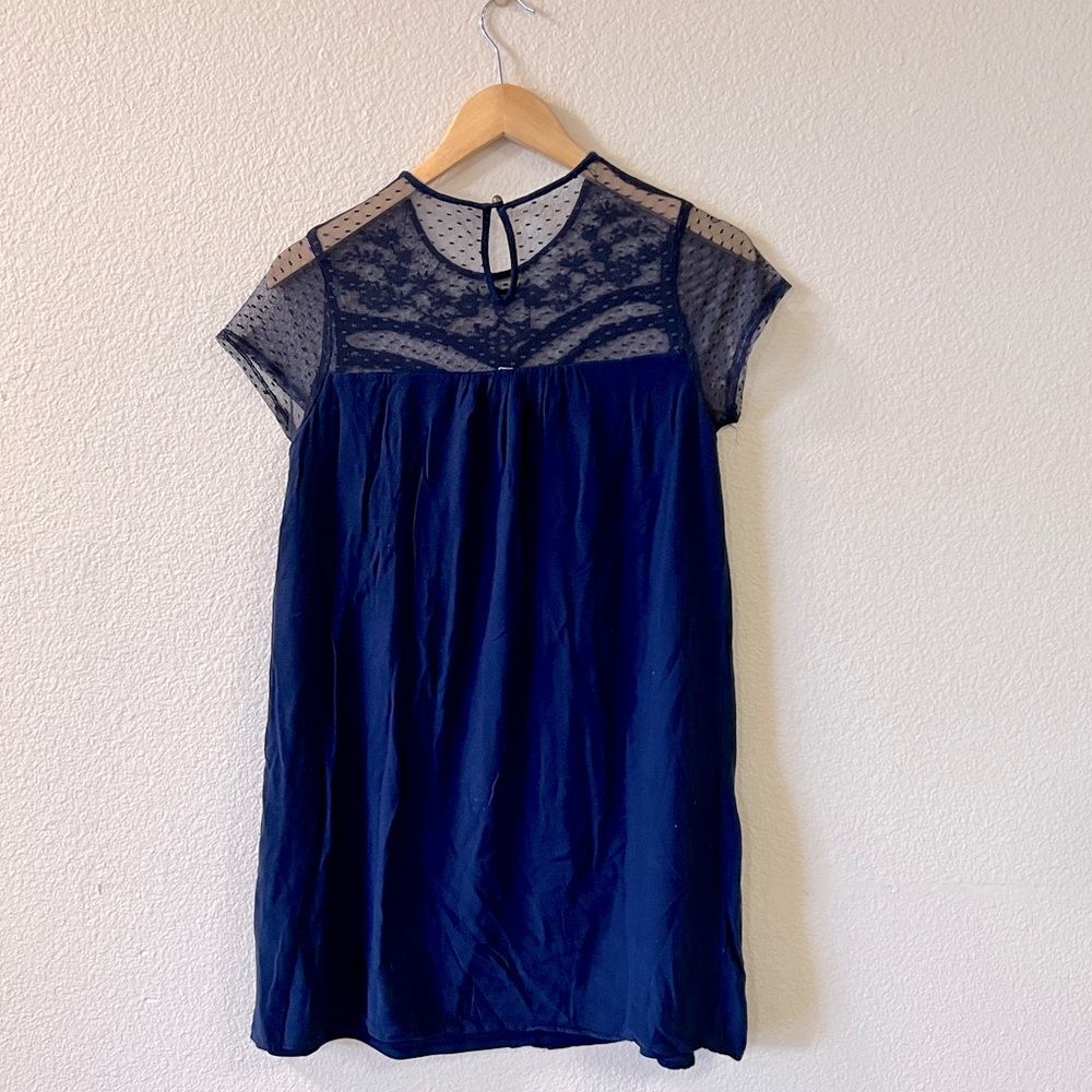 Navy shift dress with sheer lace over chest and shoulders, size M
